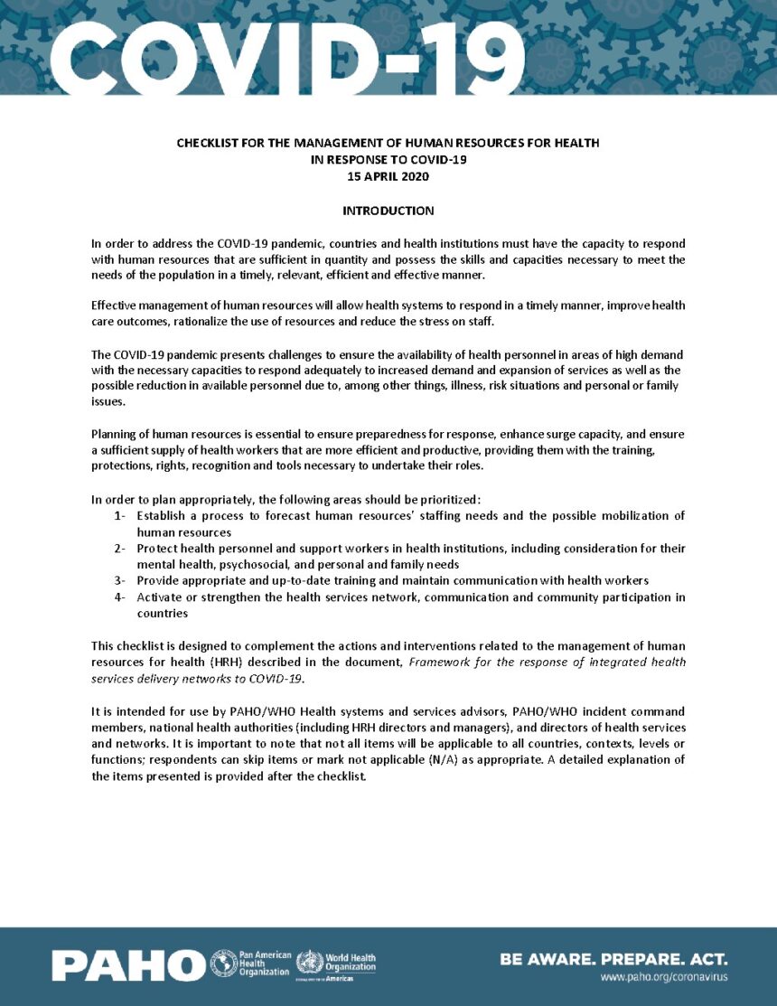 Cover of Checklist for the Management of Human Resources for Health in Response to COVID-19, Pan American Health Organization