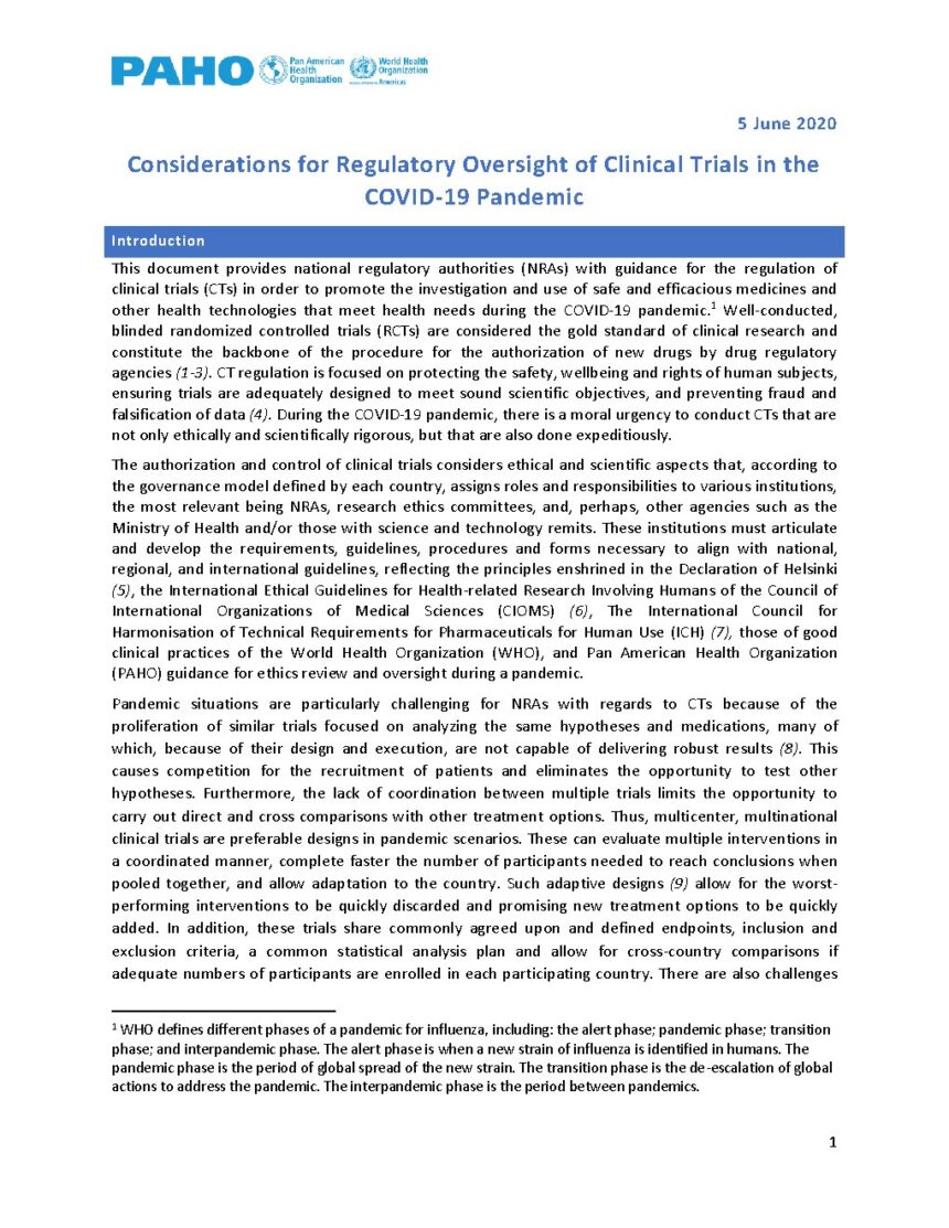 Cover of Considerations for Regulatory Oversight of Clinical Trials in the COVID-19 Pandemic, Pan American Health Organization