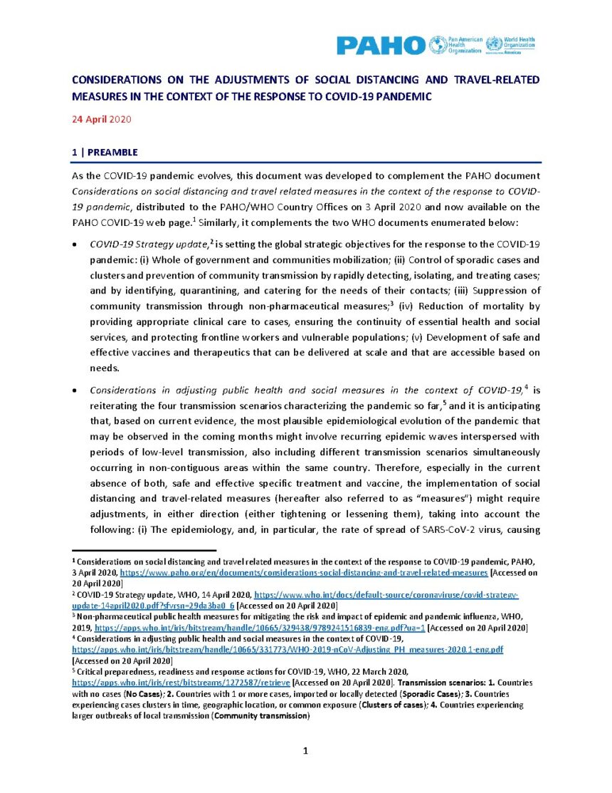 Cover of Considerations on the Adjustments of Social Distancing and Travel-Related Measures in the Context of the Response to COVID-19 Pandemic, Pan American Health Organization