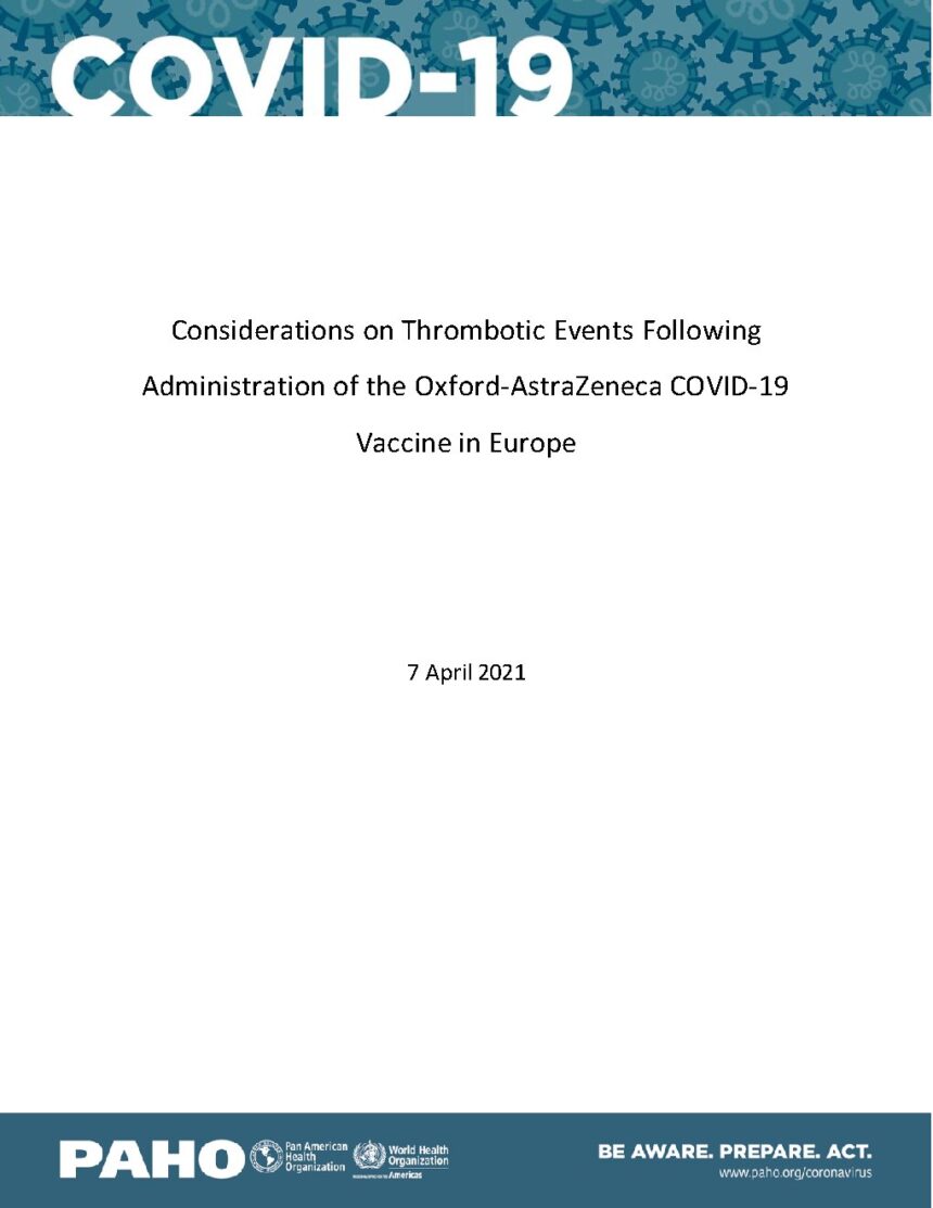 Cover of Considerations on Thrombotic Events Following Administration of the Oxford-AstraZeneca COVID-19 Vaccine in Europe, Pan American Health Organization