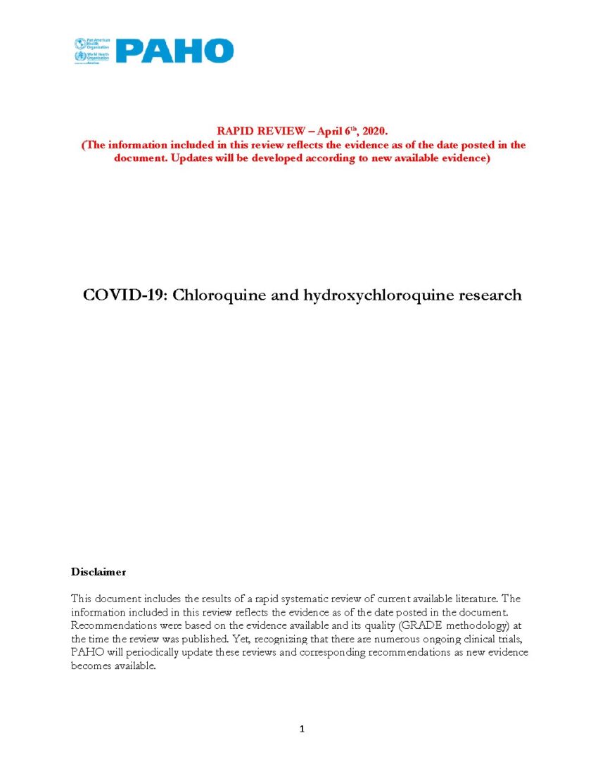 Cover of COVID-19: Chloroquine and hydroxychloroquine research, Pan American Health Organization