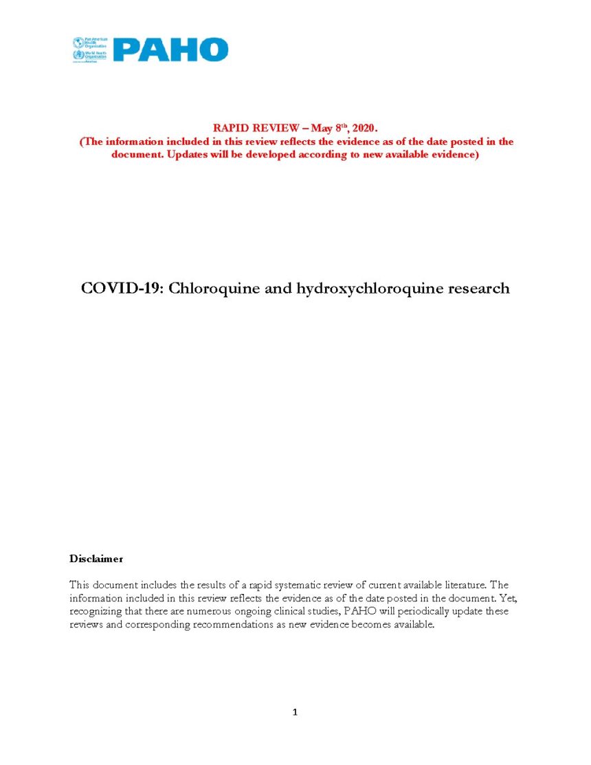Cover of COVID-19: Chloroquine and hydroxychloroquine research, Pan American Health Organization