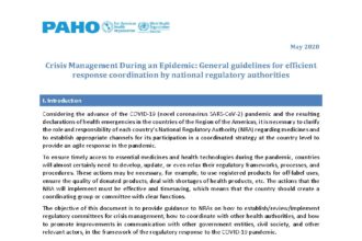 Cover of Crisis Management during an Epidemic: General guidelines for efficient response coordination by national regulatory authorities, Pan American Health Organization