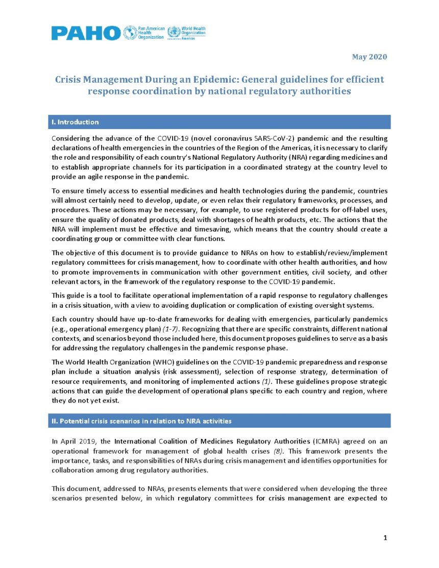 Cover of Crisis Management during an Epidemic: General guidelines for efficient response coordination by national regulatory authorities, Pan American Health Organization