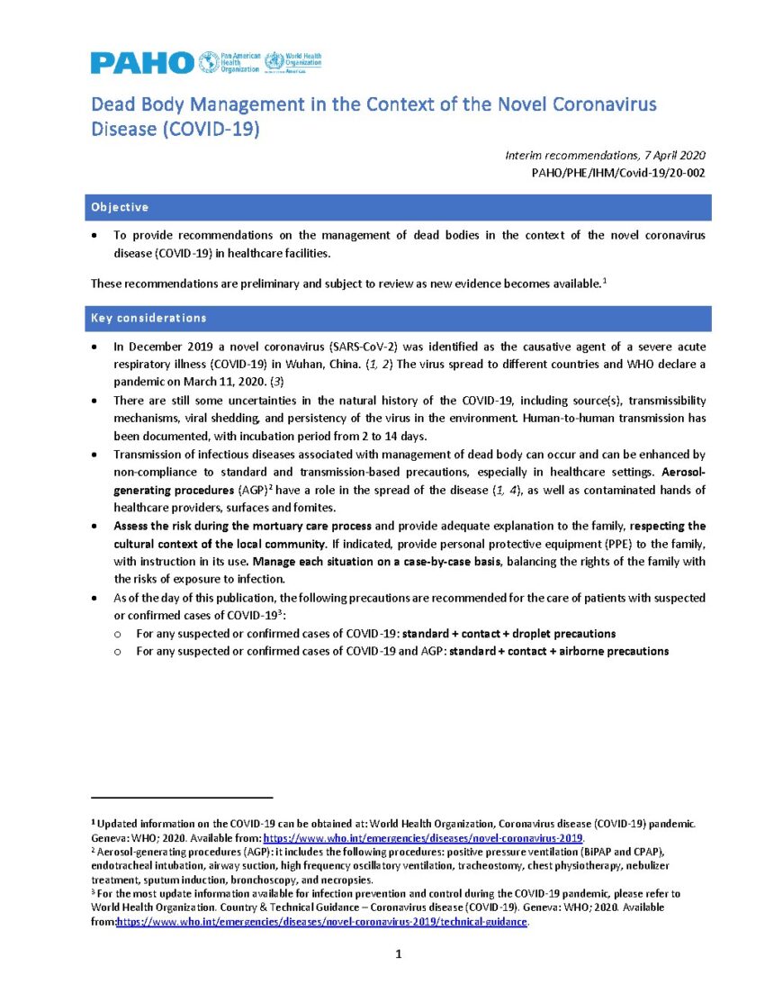 Cover of Dead Body Management in the Context of COVID-19, Pan American Health Organization