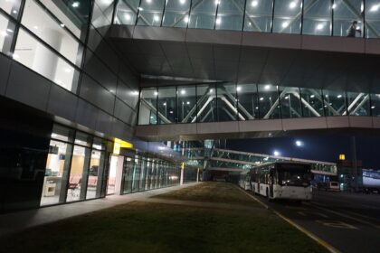Exterior of an airport terminal at night