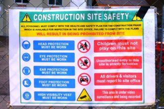 Construction site safety sign listing required protective equipment