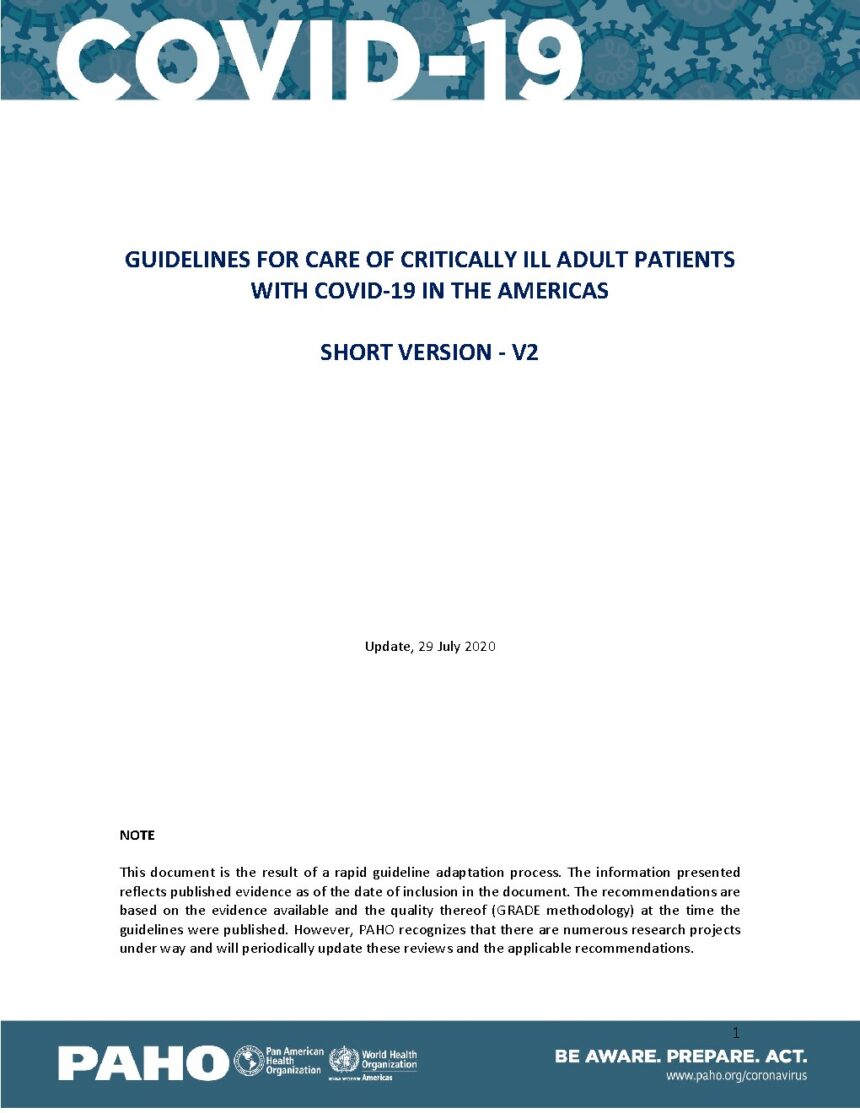 Cover of Guidelines for care of critically ill adult patients with COVID-19 in the Americas, Pan American Health Organization