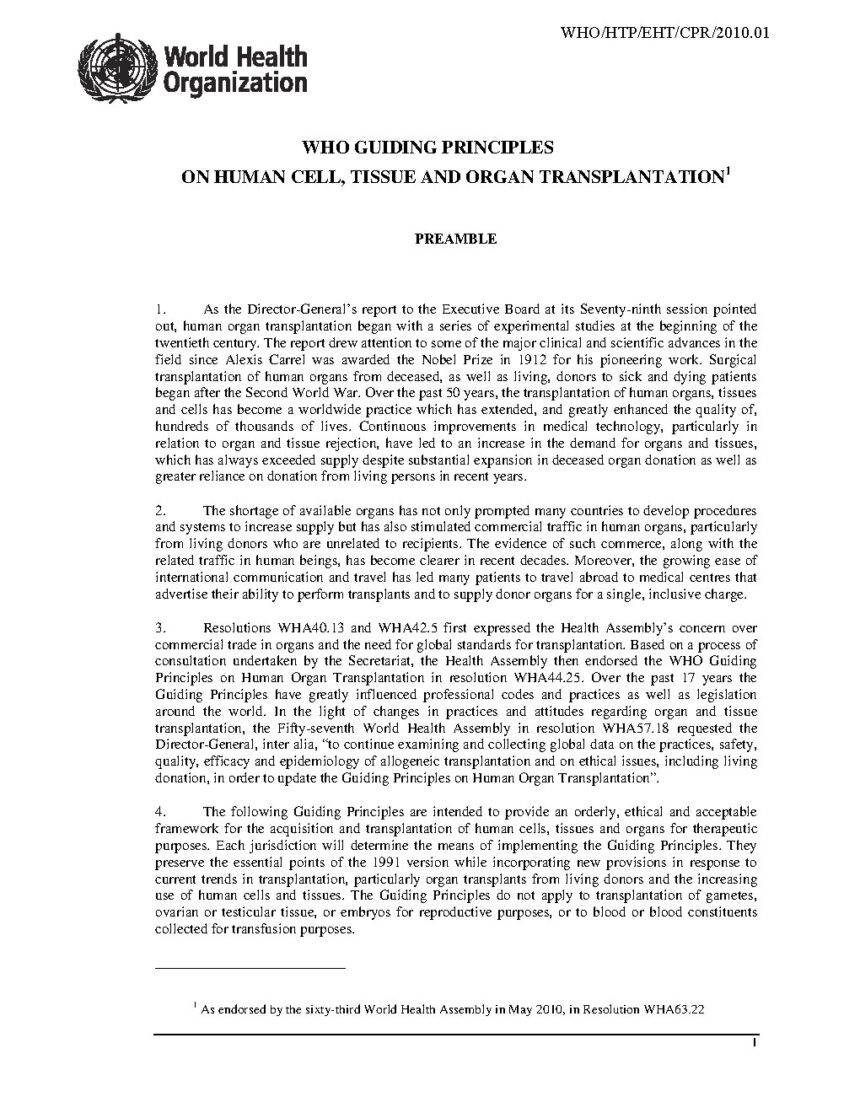 Cover of Guiding Principles on Human Cell, Tissue and Organ Transplantation, World Health Organization
