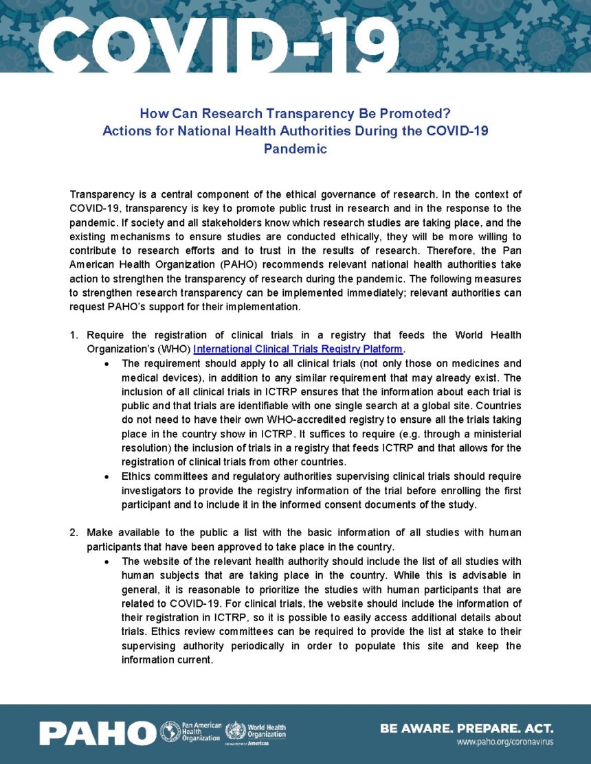 Cover of How Can Research Transparency Be Promoted? Actions for National Health Authorities During the COVID-19 Pandemic, Pan American Health Organization