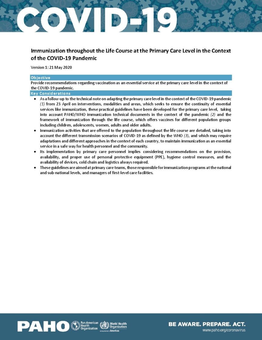 Cover of Immunization throughout the Life Course at the Primary Care Level in the Context of the COVID-19 Pandemic, Pan American Health Organization
