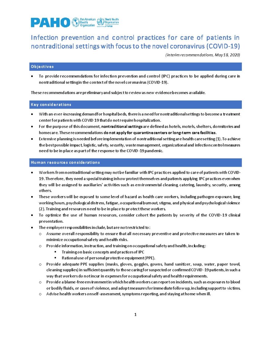 Cover of Infection prevention and control practices for care of patients in nontraditional settings with focus to the novel coronavirus (COVID-19), Pan American Health Organization