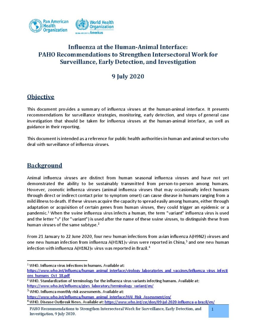 Cover of Influenza at the Human-Animal Interface: PAHO Recommendations to Strengthen Intersectoral Work for Surveillance, Early Detection, and Investigation, Pan American Health Organization