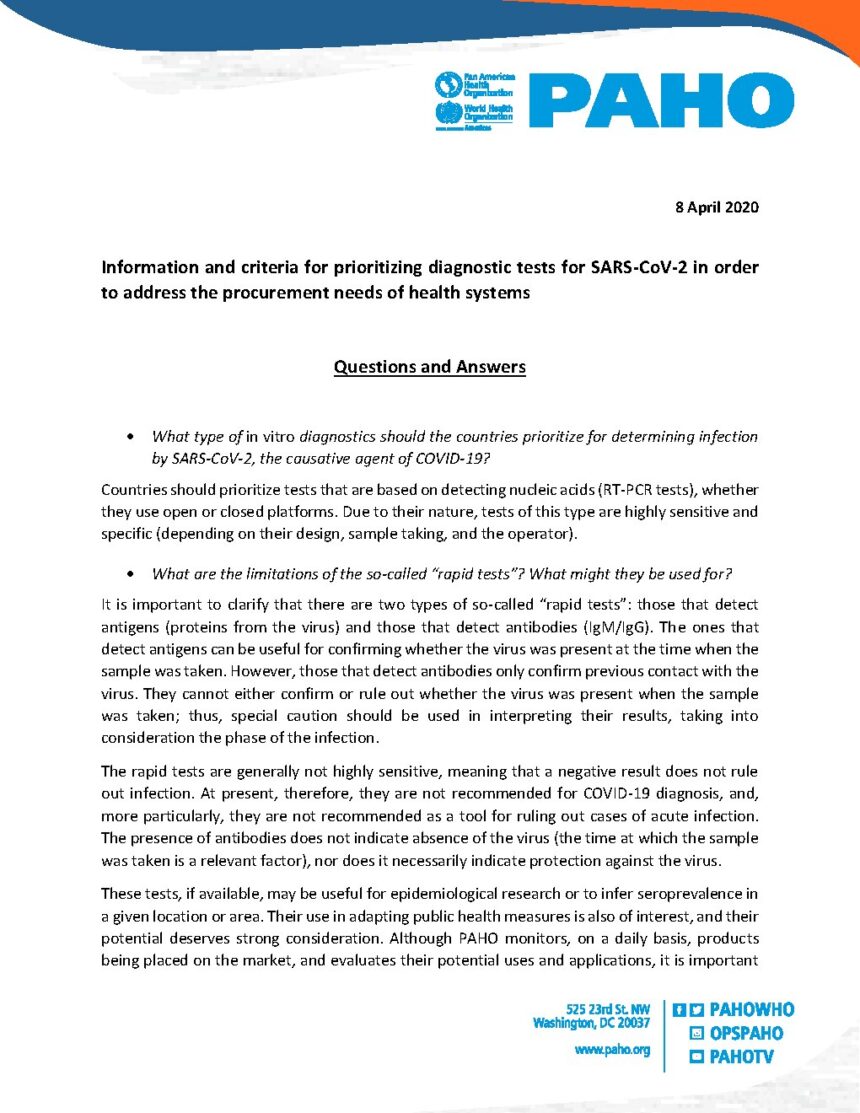 Cover of Information and criteria for prioritizing diagnostic tests for SARS-CoV-2 in order to address the procurement needs of health systems, Pan American Health Organization