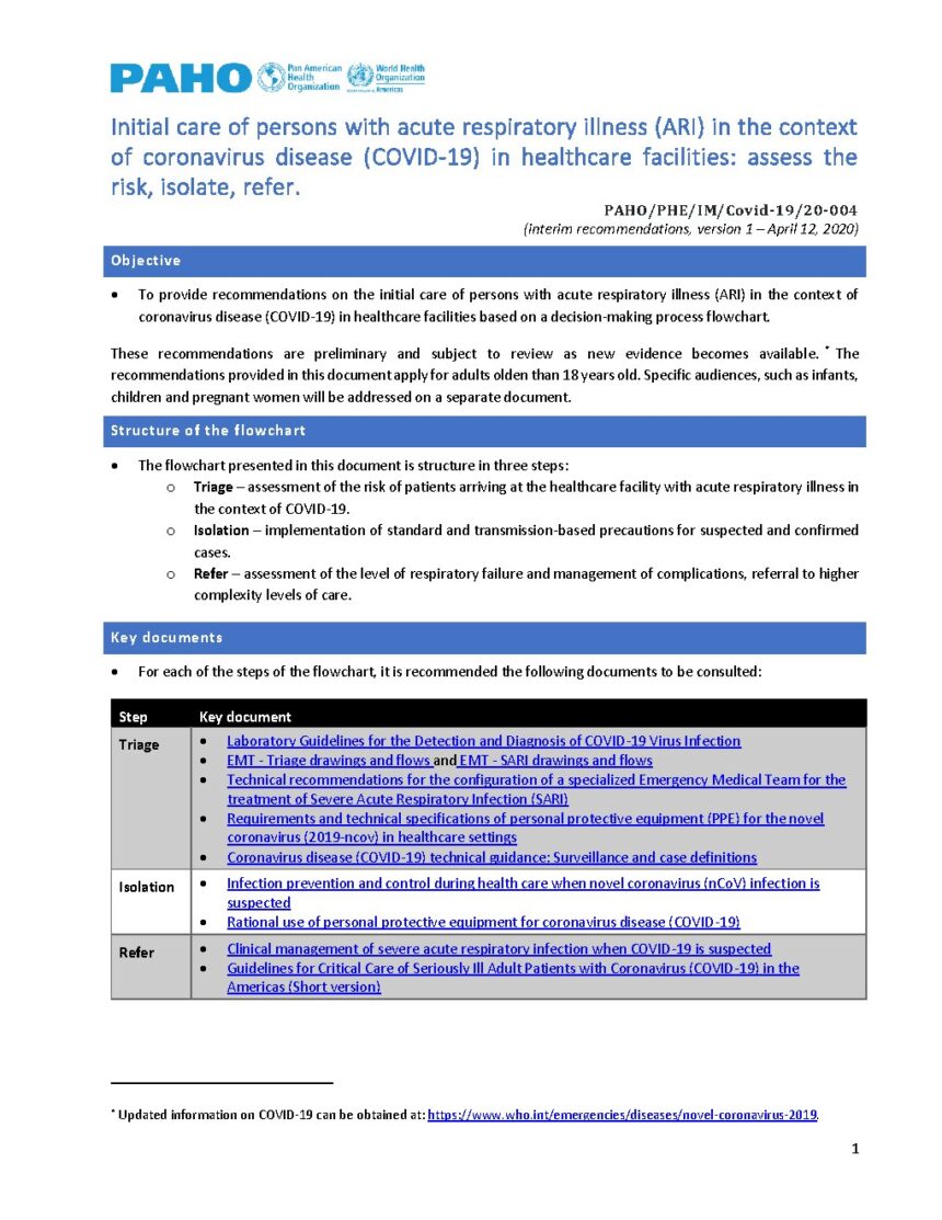 Cover of Initial care of persons with acute respiratory illness (ARI) in the context of coronavirus disease (COVID-19) in healthcare facilities: assess the risk, isolate, refer, Pan American Health Organization