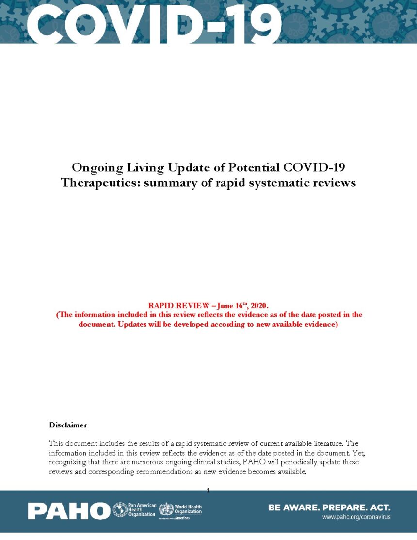 Cover of Ongoing Living Update of Potential COVID-19 Therapeutics: Summary of Rapid Systematic Reviews, Pan American Health Organization