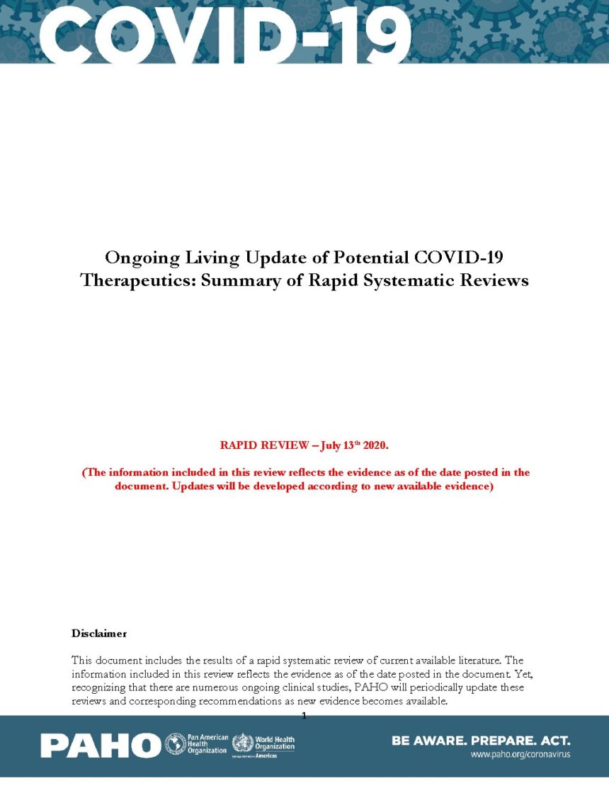 Cover of Ongoing Living Update of Potential COVID-19 Therapeutics: Summary of Rapid Systematic Reviews, Pan American Health Organization