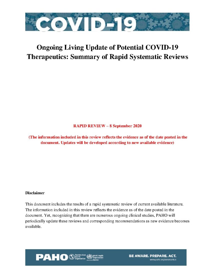 Cover of Ongoing Living Update of Potential COVID-19 Therapeutics: Summary of Rapid Systematic Reviews, Pan American Health Organization