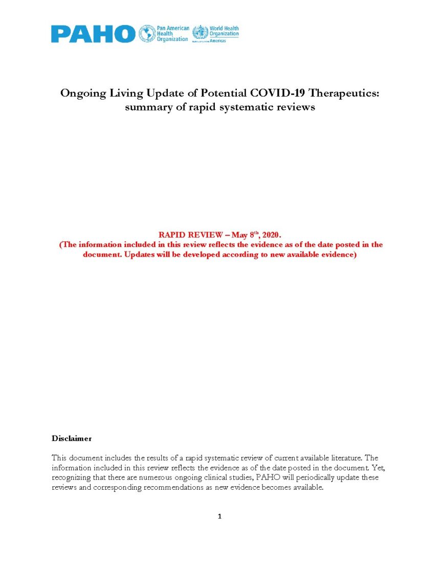 Cover of Ongoing Living Update of Potential COVID-19 Therapeutics: summary of rapid systematic reviews, Pan American Health Organization