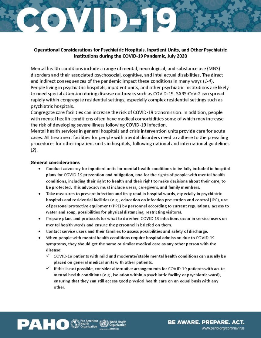 Cover of Operational Considerations for Psychiatric Hospitals, Inpatient Units, and Other Psychiatric Institutions during the COVID-19 Pandemic, Pan American Health Organization