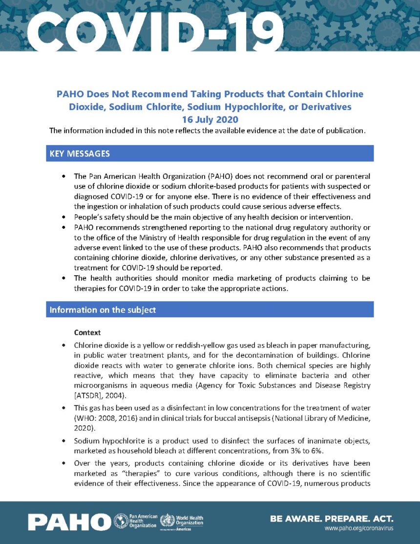 Cover of PAHO Does Not Recommend Taking Products that Contain Chlorine Dioxide, Sodium Chlorite, Sodium Hypochlorite, or Derivatives, Pan American Health Organization