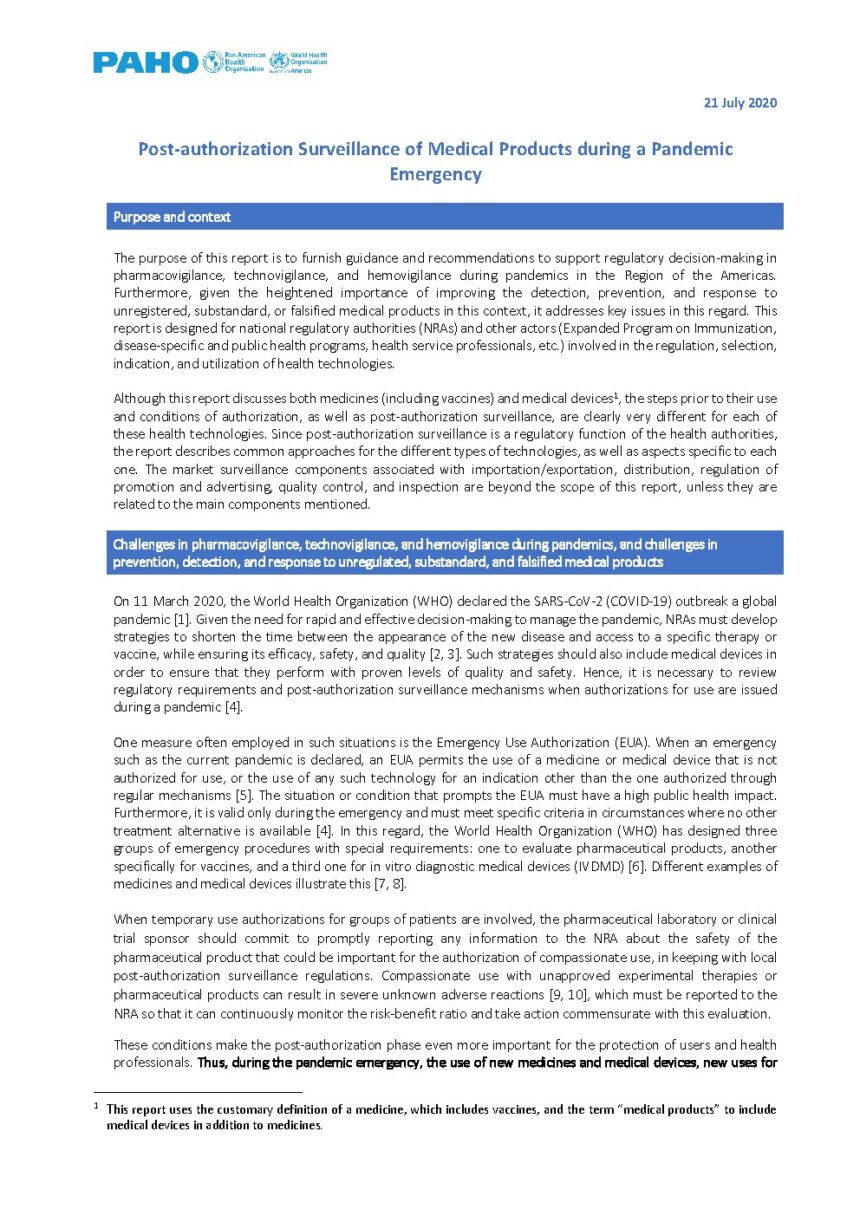 Cover of Post-authorization Surveillance of Medical Products during a Pandemic Emergency, Pan American Health Organization