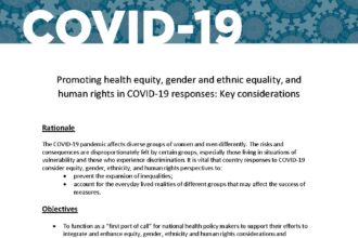 Cover of Promoting health equity, gender and ethnic equality, and human rights in COVID-19 responses: Key considerations, Pan American Health Organization