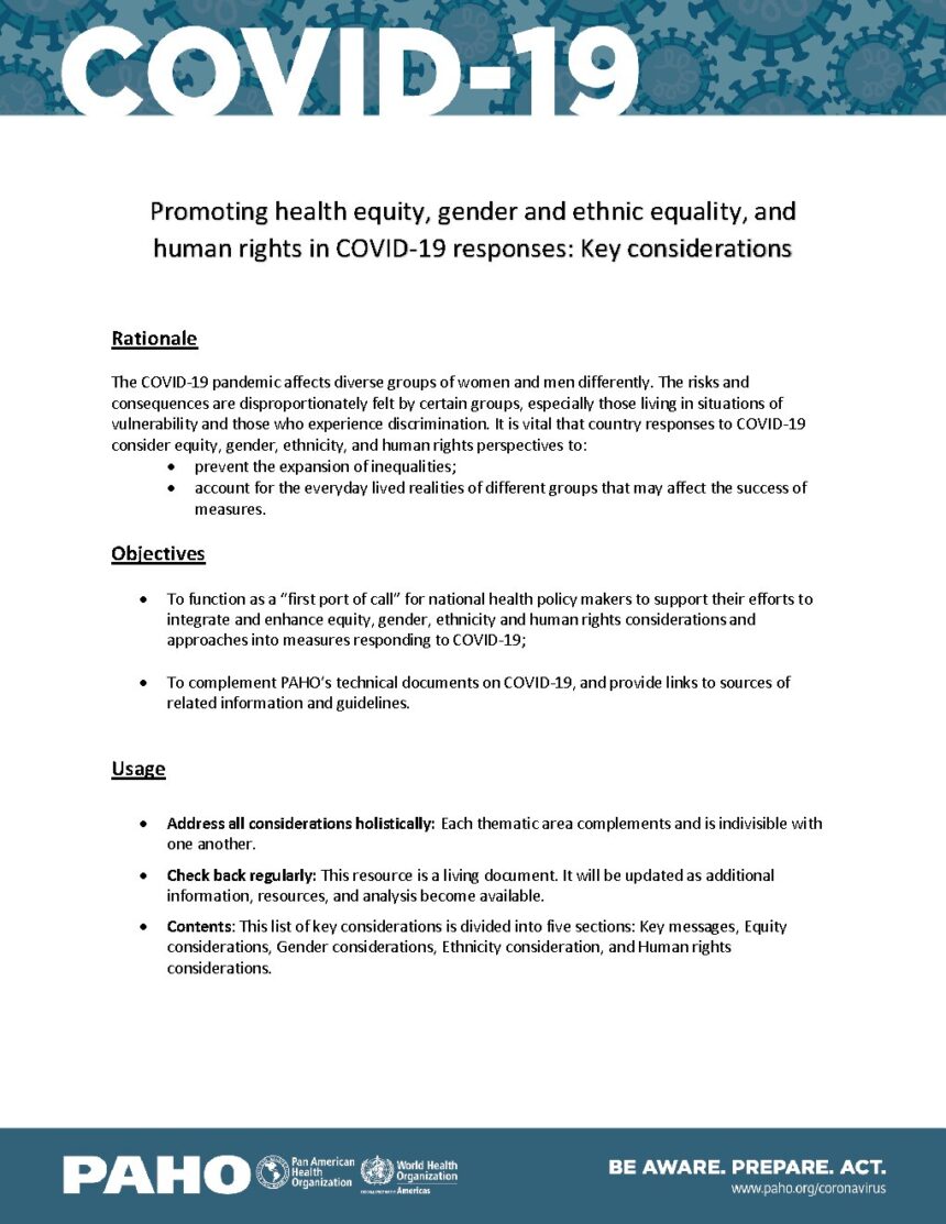 Cover of Promoting health equity, gender and ethnic equality, and human rights in COVID-19 responses: Key considerations, Pan American Health Organization