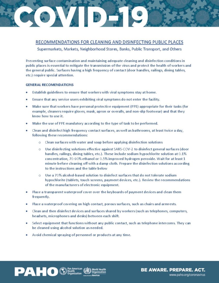 Cover of Recommendations for Cleaning and Disinfection Public Places: Supermarkets, Markets, Neighborhood Stores, Banks, Public Transport, and Others, Pan American Health Organization