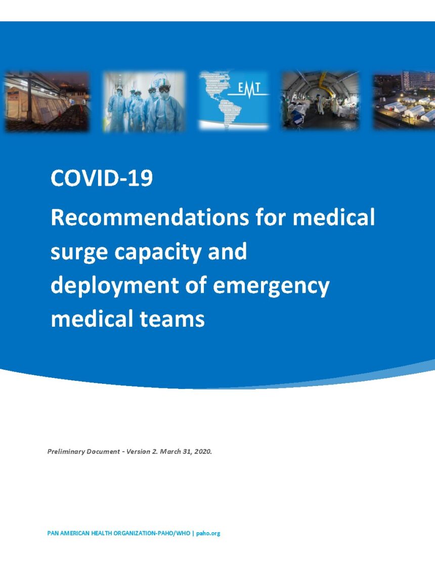 Cover of Recommendations for medical surge capacity and deployment of emergency medical teams, Pan American Health Organization