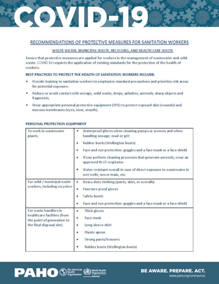 Cover of Recommendations of Protective Measures for Sanitation Workers: Waste Water, Municipal Waste, Recycling, and Healthcare Waste, Pan American Health Organization