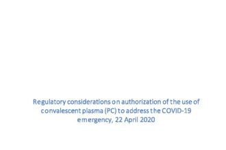 Cover of Regulatory considerations on authorization of the use of convalescent plasma (CP) to address the COVID-19 emergency, Pan American Health Organization