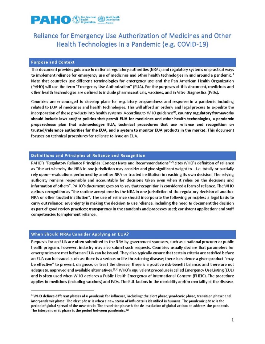 Cover of Reliance for Emergency Use Authorization of Medicines and Other Health Technologies in a Pandemic (e.g. COVID-19), Pan American Health Organization