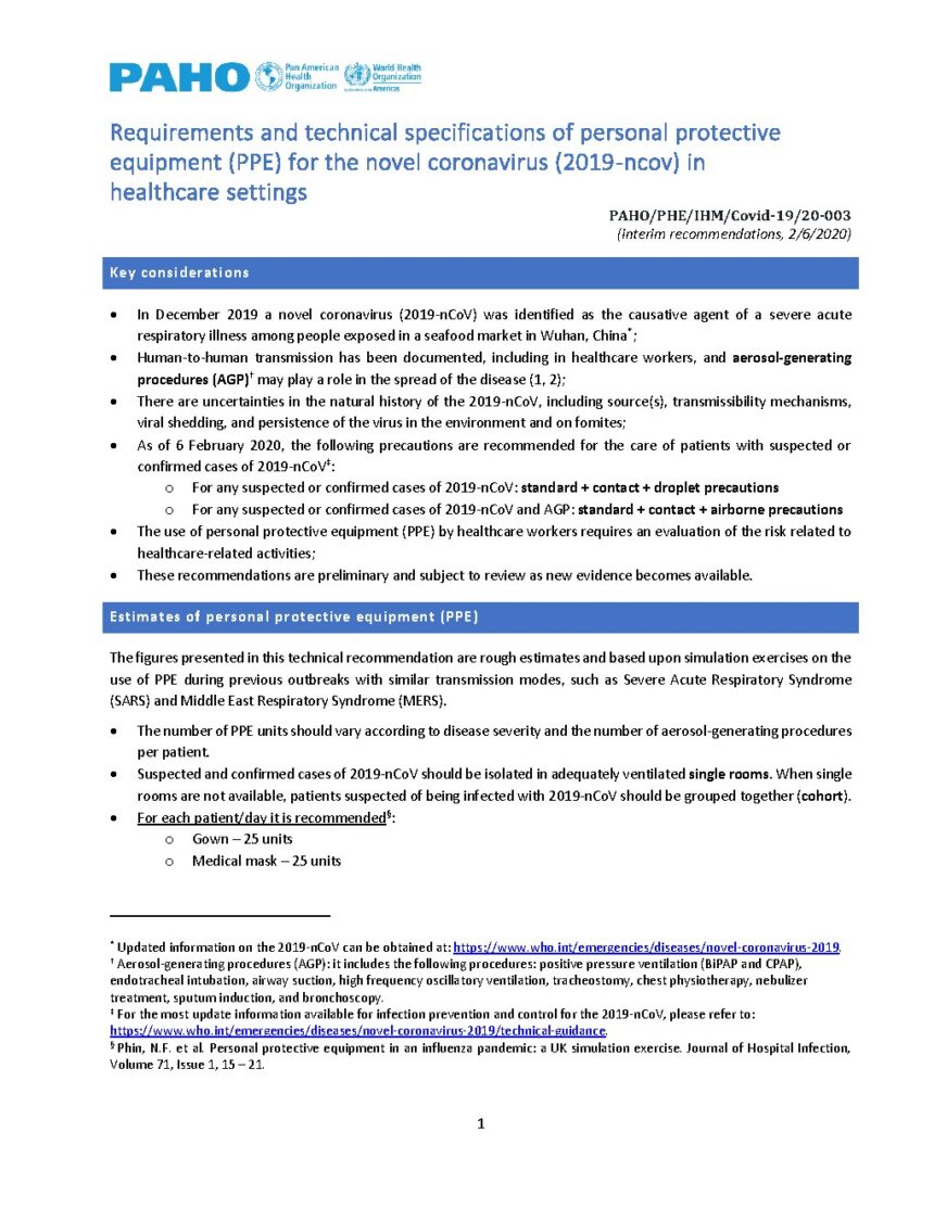 Cover of Requirements and technical specifications of personal protective equipment (PPE) for the novel coronavirus (2019-nCoV) in healthcare settings, Pan American Health Organization