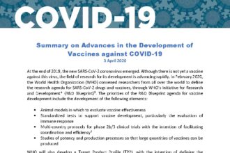 Cover of Summary on Advances in the Development of Vaccines against COVID-19, 3 April 2020, Pan American Health Organization