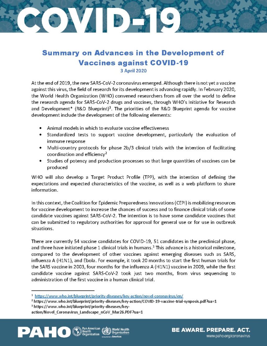 Cover of Summary on Advances in the Development of Vaccines against COVID-19, 3 April 2020, Pan American Health Organization