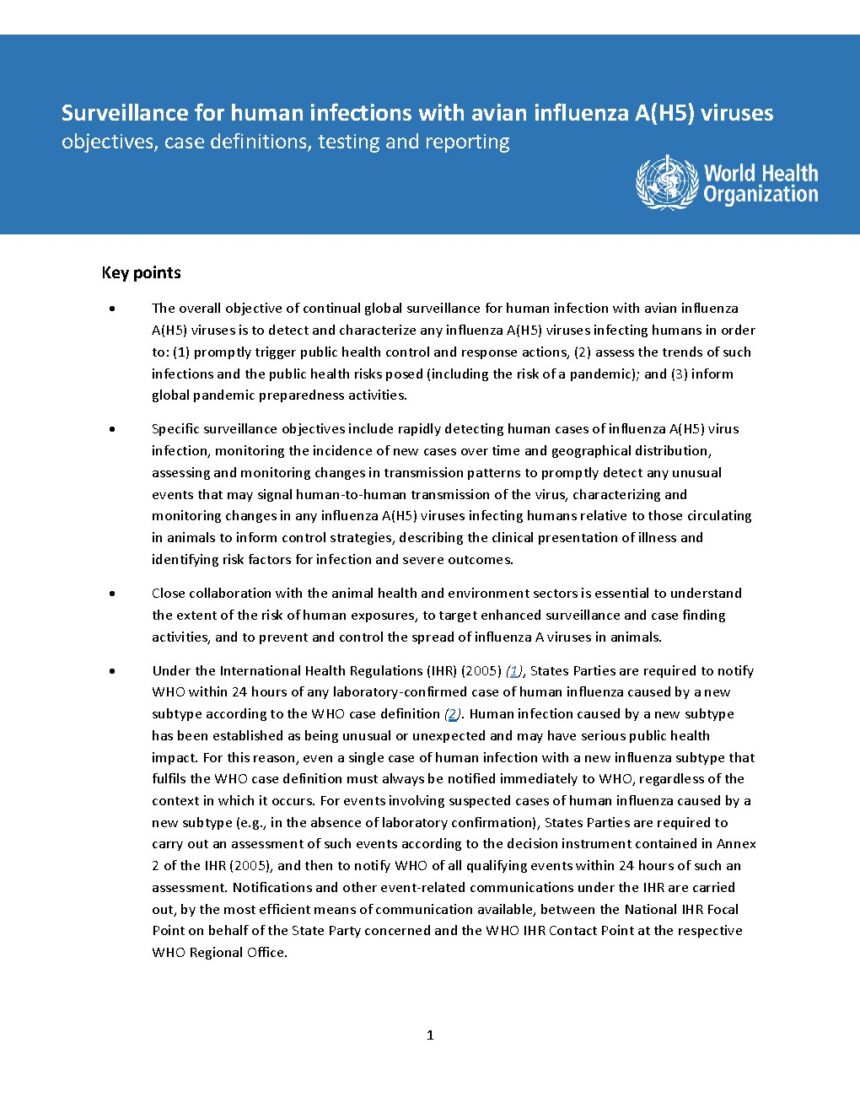 Cover of Surveillance for human infections with avian influenza A(H5) viruses: objectives, case definitions, testing and reporting, World Health Organization