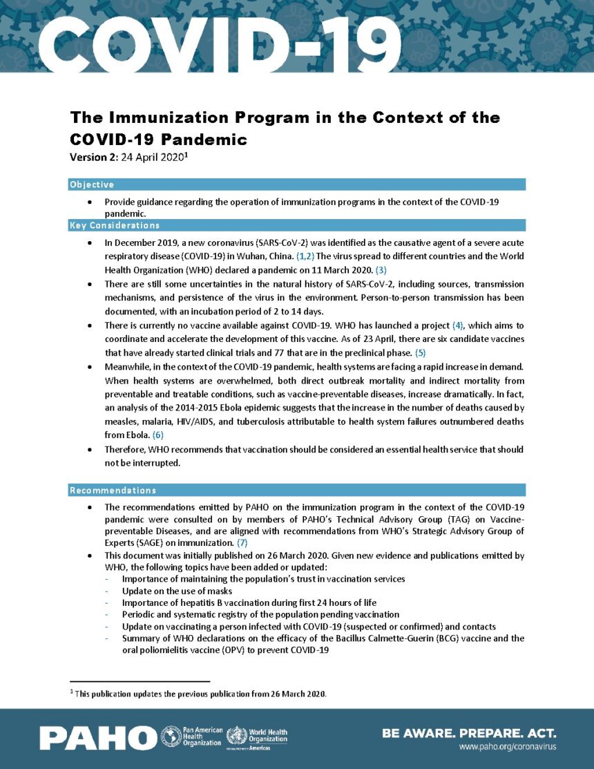 Cover of The Immunization Program in the Context of the COVID-19 Pandemic, Pan American Health Organization