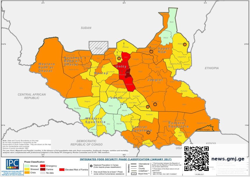 Humanitarian crisis in South Sudan showing statistics on food insecurity and child malnutrition