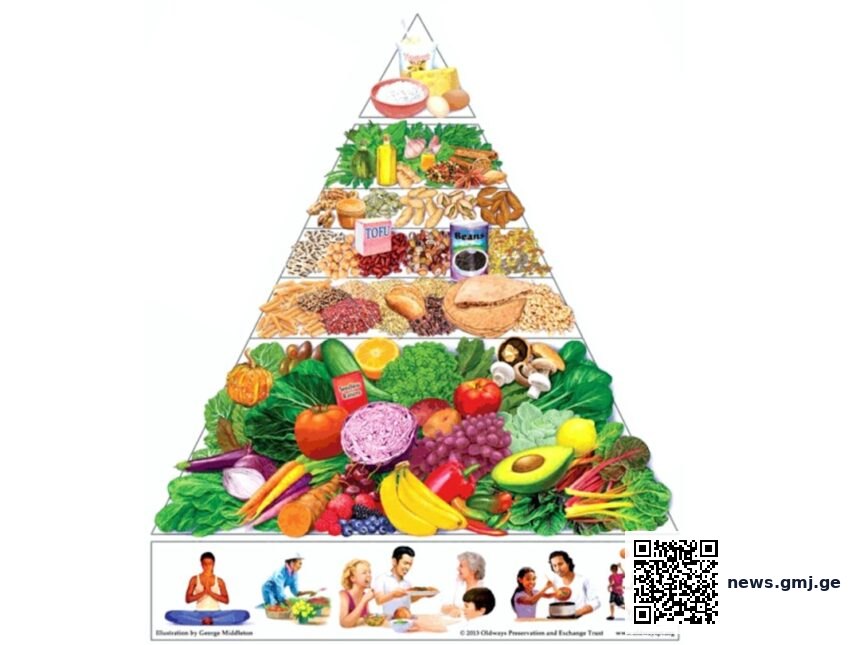 Updated 2025-2030 Food Pyramid showing emphasis on fruits, vegetables, proteins, and healthy fats